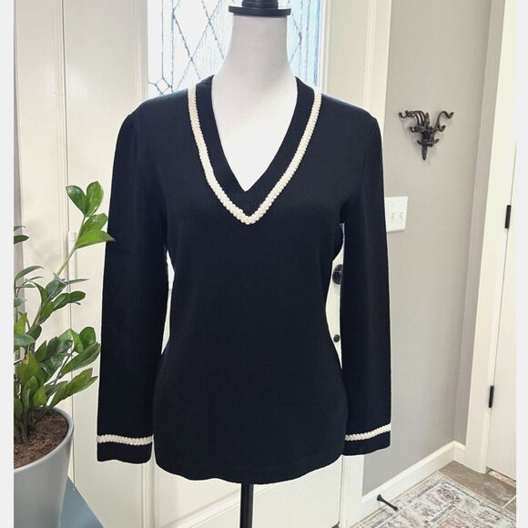 St. John Collection Black Knit Sweater M | Braided Ivory Trim V-Neck Classic - Picture 1 of 10